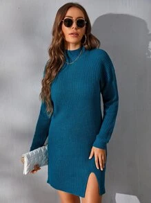SHEIN Essnce 小高領落肩袖下擺開叉毛衣裙 - 水鴨藍 - 查看 5