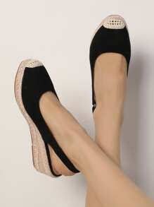 女士麝皮露趾坡跟鞋和厚鞋底單鞋,宮廷風坡跟鞋適用於休閒穿戴 - 黑色 - 查看 2