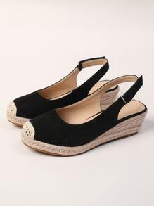 女士麝皮露趾坡跟鞋和厚鞋底單鞋,宮廷風坡跟鞋適用於休閒穿戴 - 黑色 - 查看 4