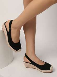 女士麝皮露趾坡跟鞋和厚鞋底單鞋,宮廷風坡跟鞋適用於休閒穿戴 - 黑色 - 查看 6