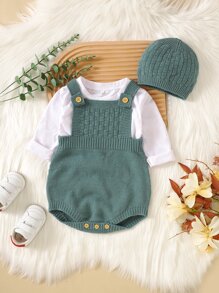 Baby Solid Knit Overall Bodysuit & Hat Without Tee - Green - View 1