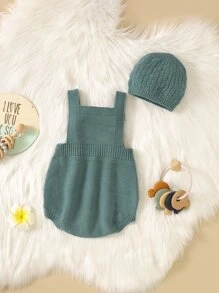 Baby Solid Knit Overall Bodysuit & Hat Without Tee - Green - View 2
