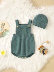 Baby Solid Knit Overall Bodysuit & Hat Without Tee - Green - View 5