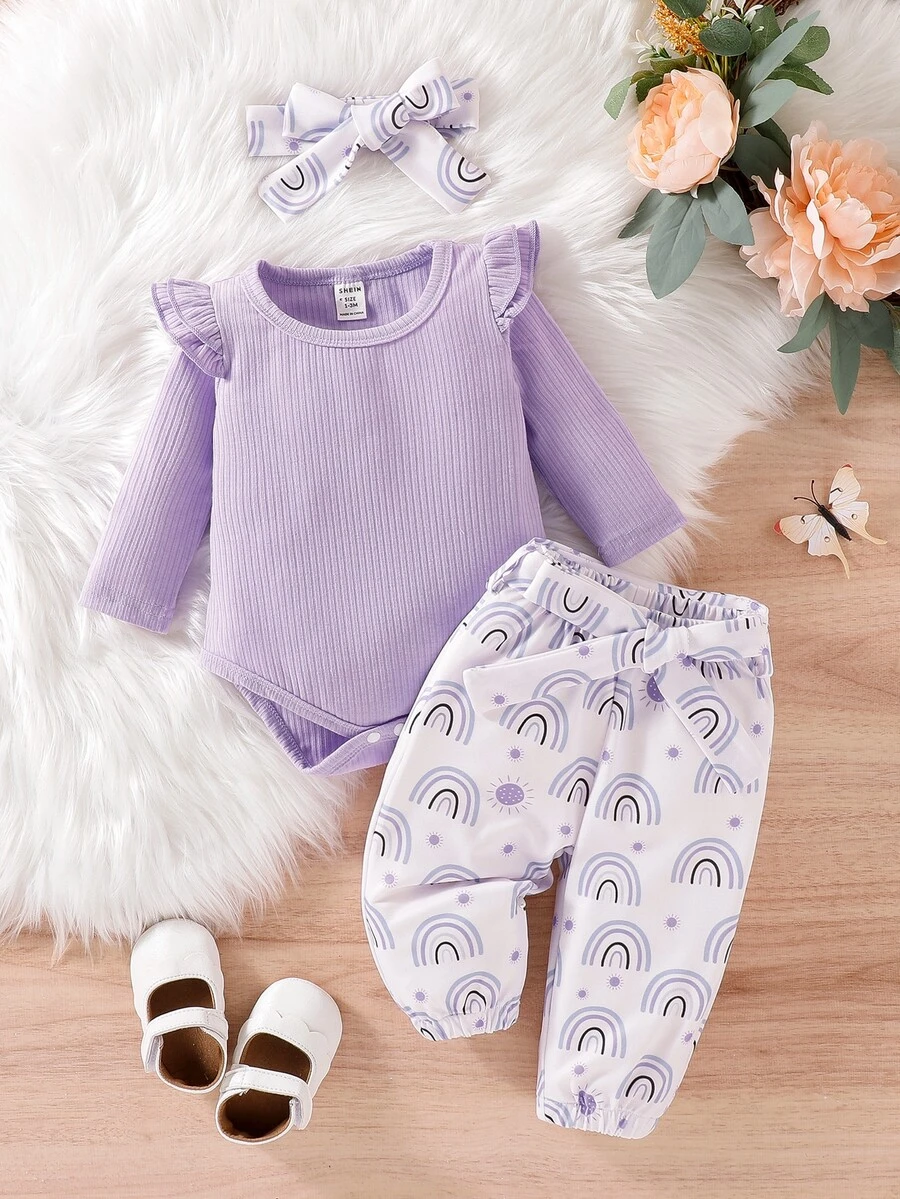 嬰兒荷葉邊連身背心和彩虹印花腰帶長褲和頭巾 - 彩色 - 查看 1