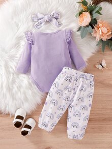 嬰兒荷葉邊連身背心和彩虹印花腰帶長褲和頭巾 - 彩色 - 查看 2