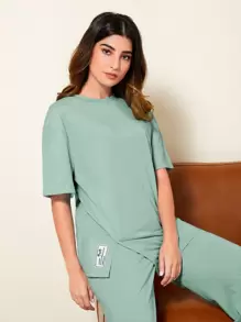 Seusyu 字母貼布落肩袖下擺開叉T恤和闊腿褲套裝 - 薄荷綠 - 查看 1