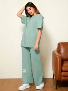 Seusyu 字母貼布落肩袖下擺開叉T恤和闊腿褲套裝 - 薄荷綠 - 查看 3