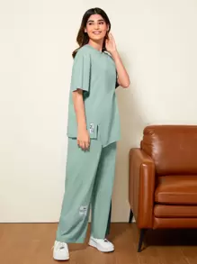 Seusyu 字母貼布落肩袖下擺開叉T恤和闊腿褲套裝 - 薄荷綠 - 查看 4