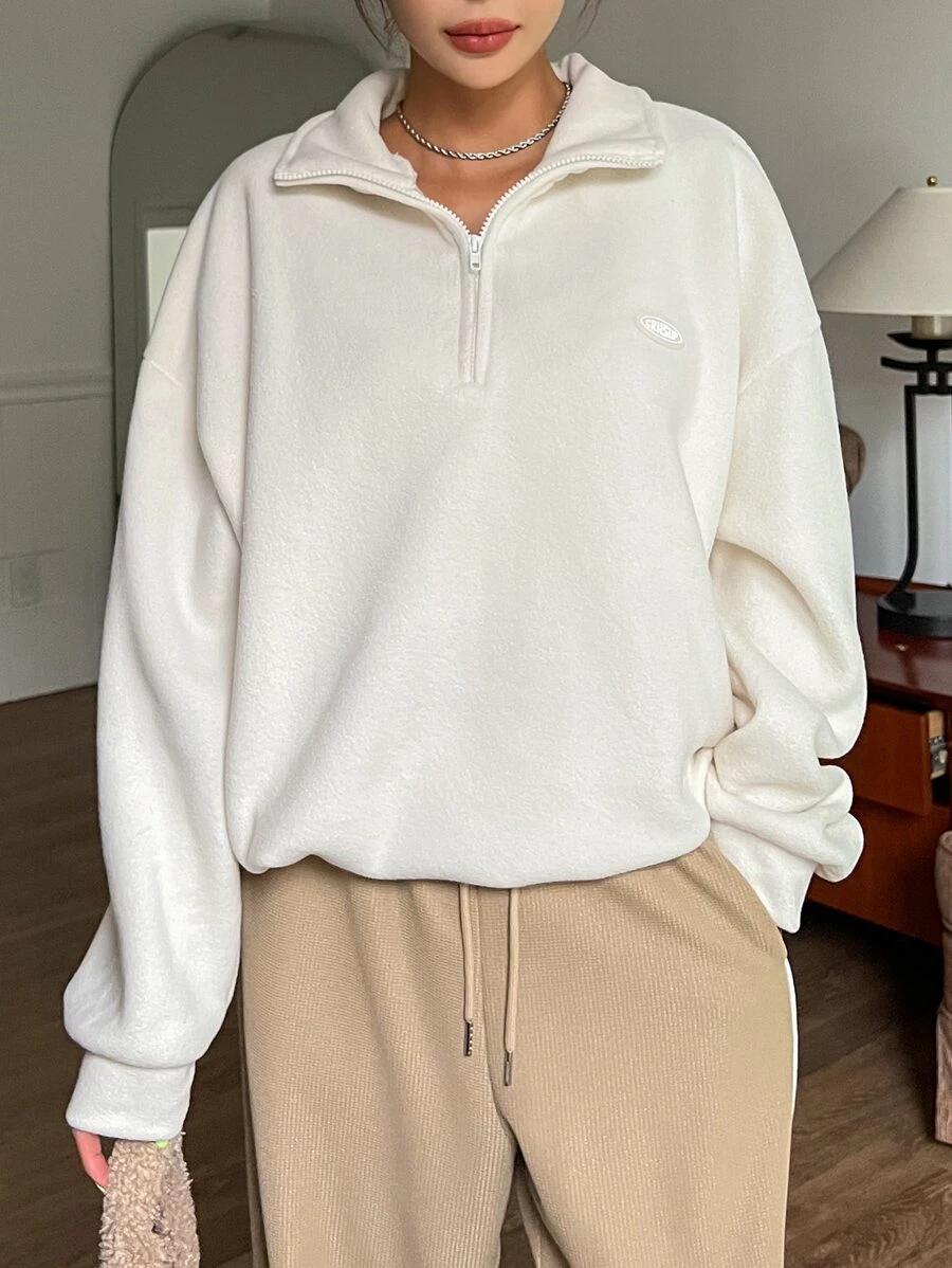 DAZY Drawstring Hem Drop Shoulder Fleece Pullover,Long Sleeve Tops,Fall Women Clothes Sweatshirt - Beige - View 1