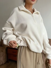 DAZY Drawstring Hem Drop Shoulder Fleece Pullover,Long Sleeve Tops,Fall Women Clothes Sweatshirt - Beige - View 5