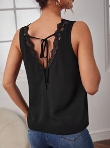 SHEIN Frenchy Áo sơ mi nữ Tương phản ren Buộc lại màu trơn Giải trí - màu đen - Xem 2