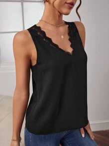 SHEIN Frenchy Áo sơ mi nữ Tương phản ren Buộc lại màu trơn Giải trí - màu đen - Xem 3