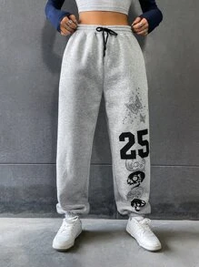 SHEIN MOOSTA Skull And Letter Graphic Drawstring Waist Joggers - Light Grey - View 3