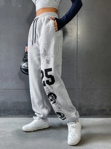 SHEIN MOOSTA Skull And Letter Graphic Drawstring Waist Joggers - Light Grey - View 5