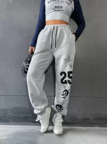 SHEIN MOOSTA Skull And Letter Graphic Drawstring Waist Joggers - Light Grey - View 6