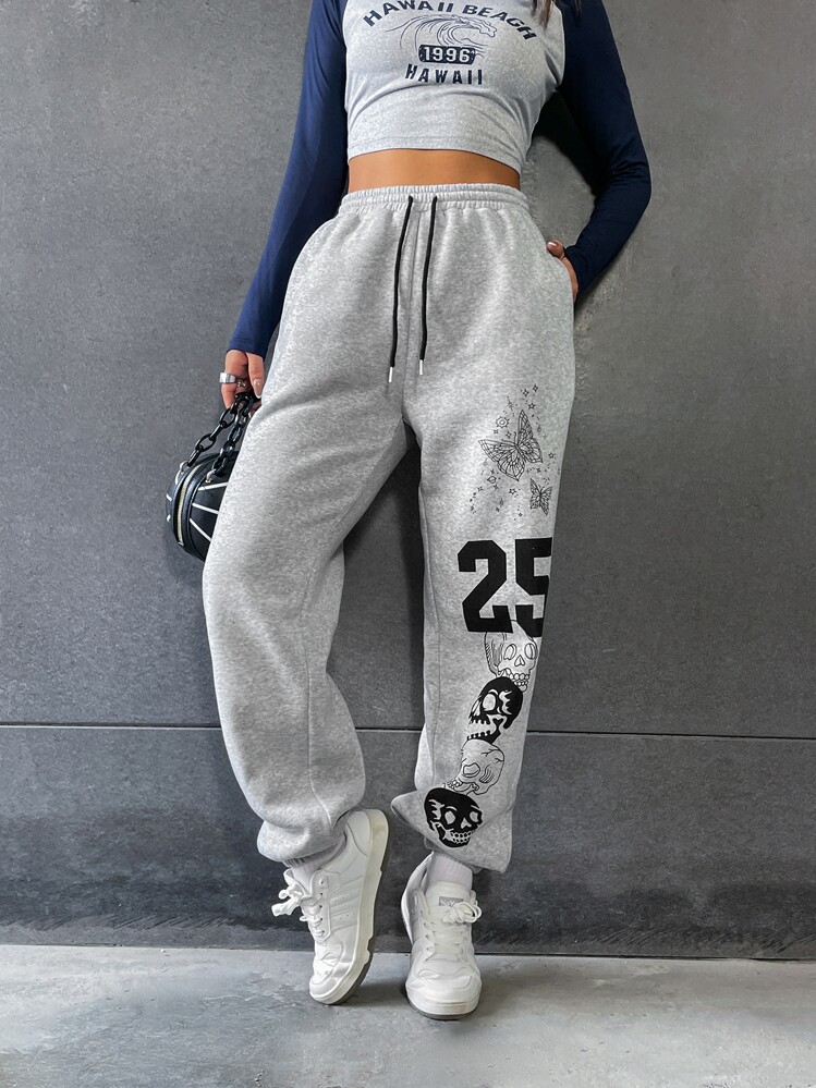 SHEIN MOOSTA 骷髏頭和字母圖案腰部抽繩衛褲 - 淺灰色 - 查看 6