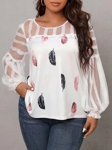 SHEIN LUNE Top con estampado de pluma de malla de manga con volante - Blanco - Ver 3