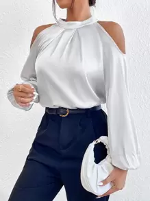 Chiquease Cold Shoulder Bishop Sleeve Satin Blouse - Light Grey - View 1