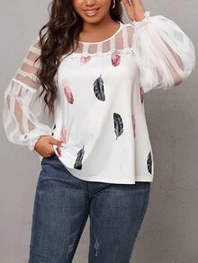 SHEIN LUNE Top con estampado de pluma de malla de manga con volante - Blanco - Ver 4