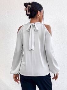 Chiquease Cold Shoulder Bishop Sleeve Satin Blouse - Light Grey - View 2