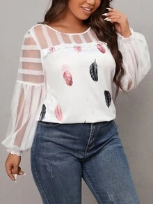SHEIN LUNE Top con estampado de pluma de malla de manga con volante - Blanco - Ver 5
