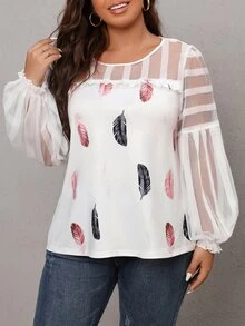 SHEIN LUNE Top con estampado de pluma de malla de manga con volante - Blanco - Ver 6