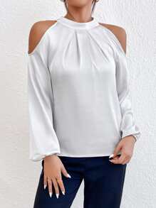 Chiquease Cold Shoulder Bishop Sleeve Satin Blouse - Light Grey - View 3