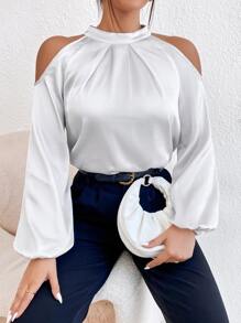 Chiquease Cold Shoulder Bishop Sleeve Satin Blouse - Light Grey - View 4