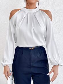 Chiquease Cold Shoulder Bishop Sleeve Satin Blouse - Light Grey - View 5