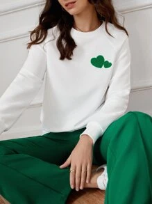 SHEIN Frenchy 愛心圖案插肩袖套頭衫 - 白色 - 查看 3