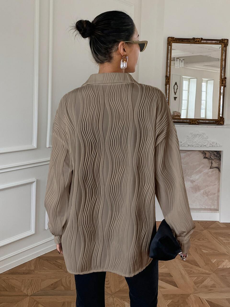 Textured Drop Shoulder Button Front Shirt,Fall Clothes Long Sleeve Top