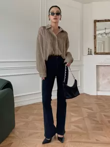 DAZY Textured Drop Shoulder Button Front Shirt,Fall Clothes Long Sleeve Top - Mocha Brown - View 5