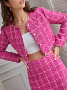 SHEIN Frenchy Plaid Crop Overcoat & High Waist Tweed Skirt Christmas Winter Elegant - Hot Pink - View 3