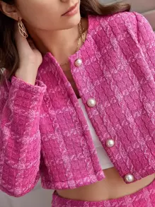 SHEIN Frenchy Plaid Crop Overcoat & High Waist Tweed Skirt Christmas Winter Elegant - Hot Pink - View 5