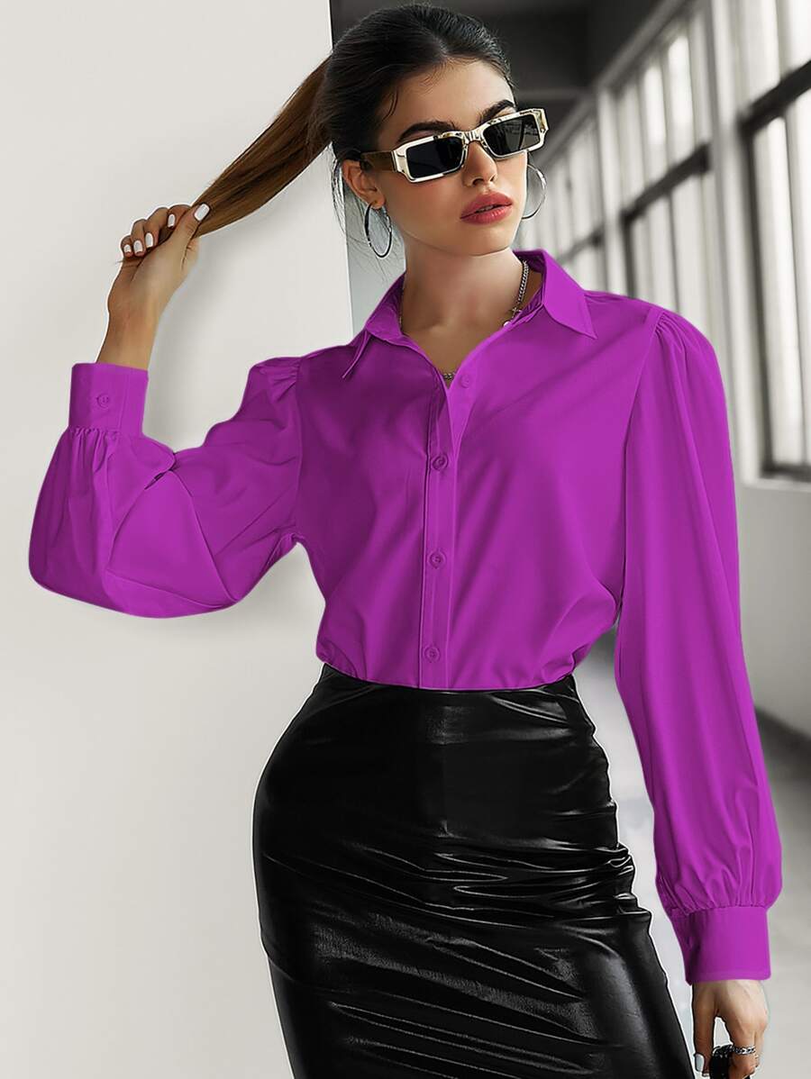 Modelyn Solid Puff Sleeve Button Front Shirt - Purple - View 1