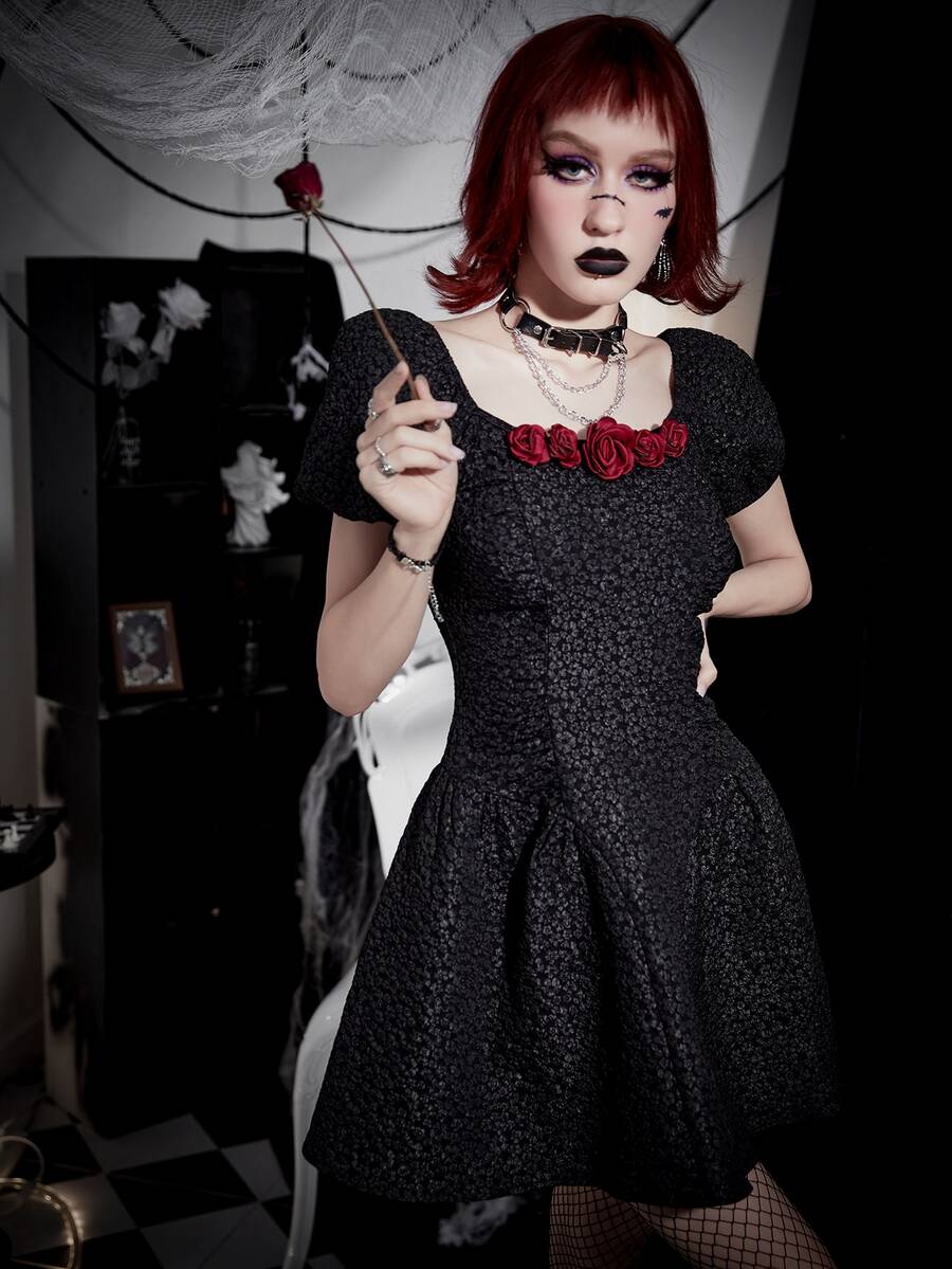 Đầm Dây kéo Đề can Họa tiết hoa Hấp dẫn - màu đen - Xem 1