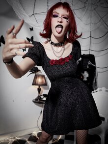 Đầm Dây kéo Đề can Họa tiết hoa Hấp dẫn - màu đen - Xem 4