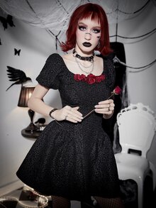 Đầm Dây kéo Đề can Họa tiết hoa Hấp dẫn - màu đen - Xem 5