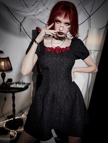 Đầm Dây kéo Đề can Họa tiết hoa Hấp dẫn - màu đen - Xem 6