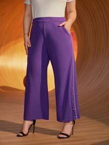 Modelyn Pantalones de pierna ancha con botón lateral con bolsillo oblicuo - Morado Violeta - Ver 5