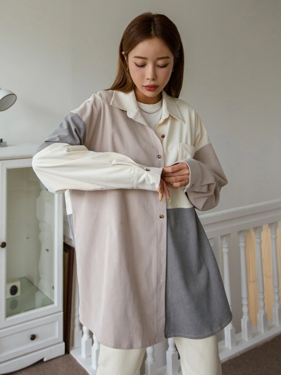 DAZY Colour Block Patched Pocket Drop Shoulder Corduroy Blouse - Khaki - View 1