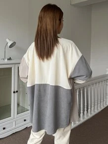 DAZY Colour Block Patched Pocket Drop Shoulder Corduroy Blouse - Khaki - View 2