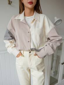 DAZY Colour Block Patched Pocket Drop Shoulder Corduroy Blouse - Khaki - View 3