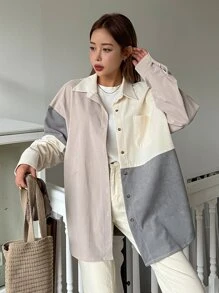 DAZY Colour Block Patched Pocket Drop Shoulder Corduroy Blouse - Khaki - View 5