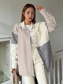 DAZY Colour Block Patched Pocket Drop Shoulder Corduroy Blouse - Khaki - View 6