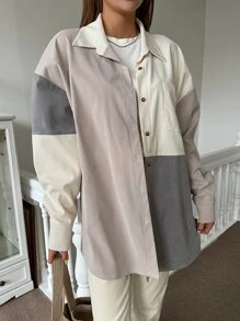 DAZY Colour Block Patched Pocket Drop Shoulder Corduroy Blouse - Khaki - View 7