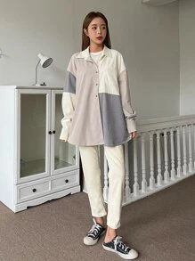 DAZY Colour Block Patched Pocket Drop Shoulder Corduroy Blouse - Khaki - View 8