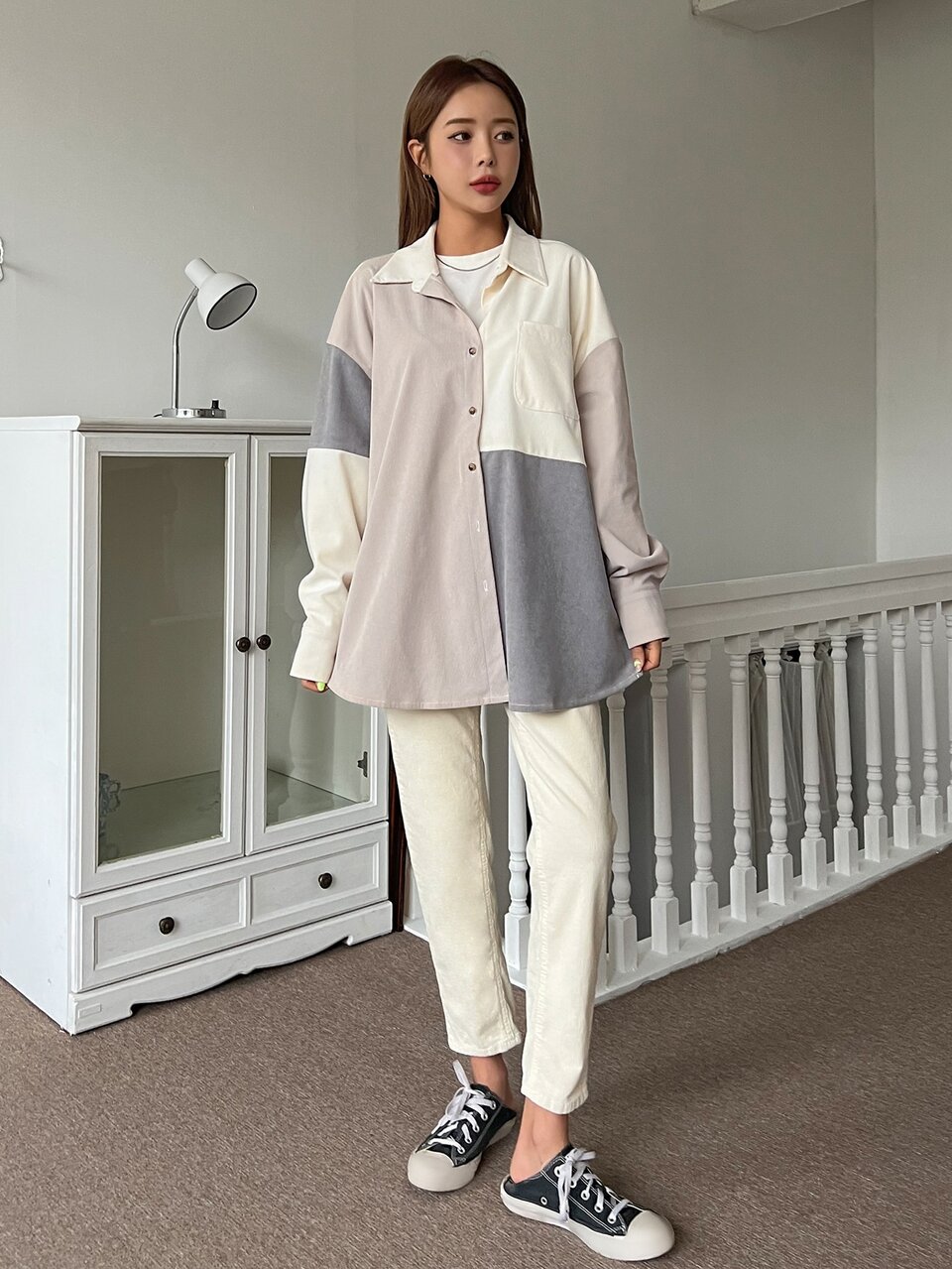 Color Block Patched Pocket Drop Shoulder Corduroy Blouse