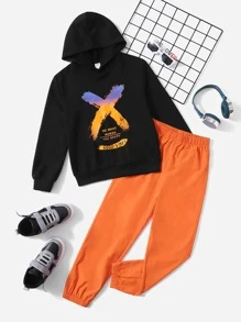 SHEIN 男孩擦色和字母圖案連帽衫和素色長褲 - 彩色 - 查看 2