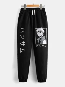 SHEIN Leap Crew Boys Japanese Letter & Figure Graphic Drawstring Waist Trousers - Black - View 1